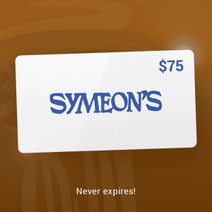 Symeon’s Greek Restaurant gift card, $75, authentic Greek cuisine, dine-in or carryout, perfect for Mediterranean food lovers.
